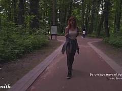 Jeny Smith in the park flashes her seamless pantyhose